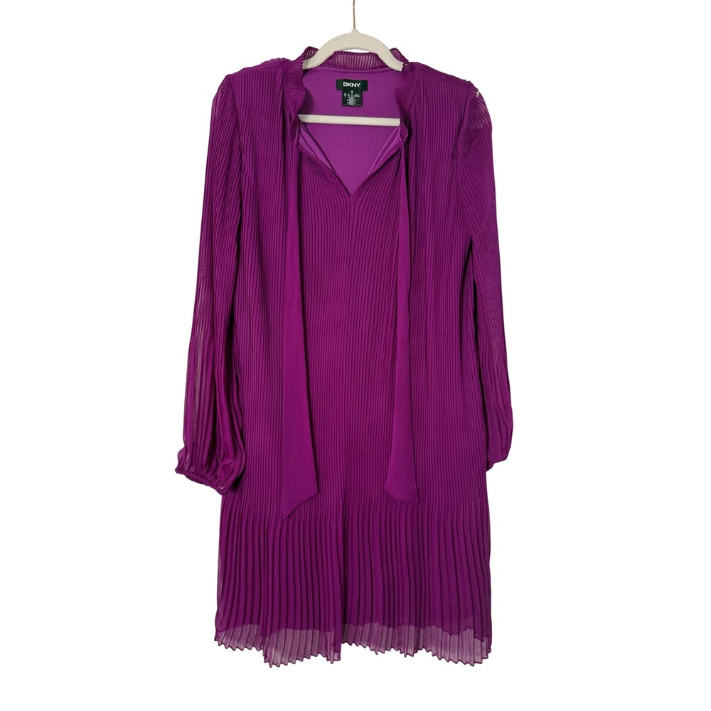 DKNY Pleated Shift Dress Womens 10 Purple Excellent Tie Neck Long Sleeve